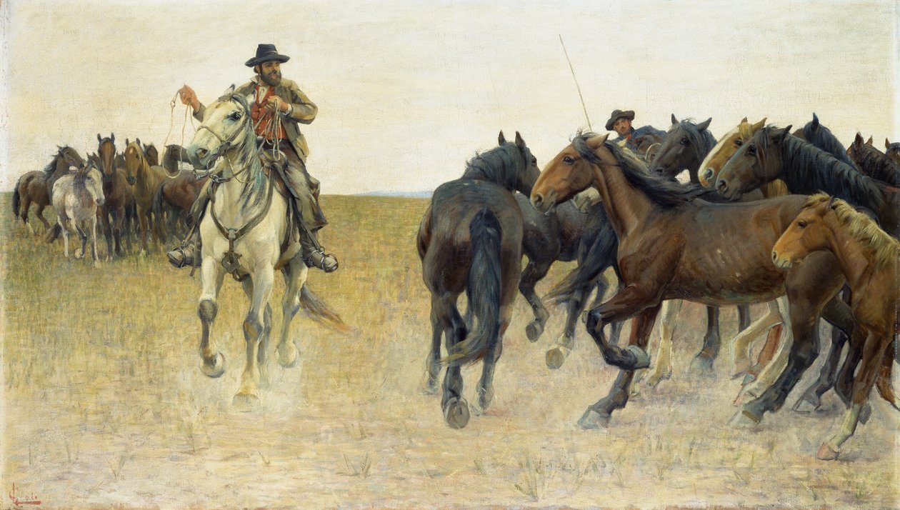 Heste på Pisan-sletten (olie på lærred) af Luigi Gioli