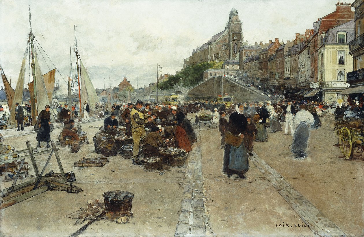 Markedsplads ved en havn, af Luigi Loir