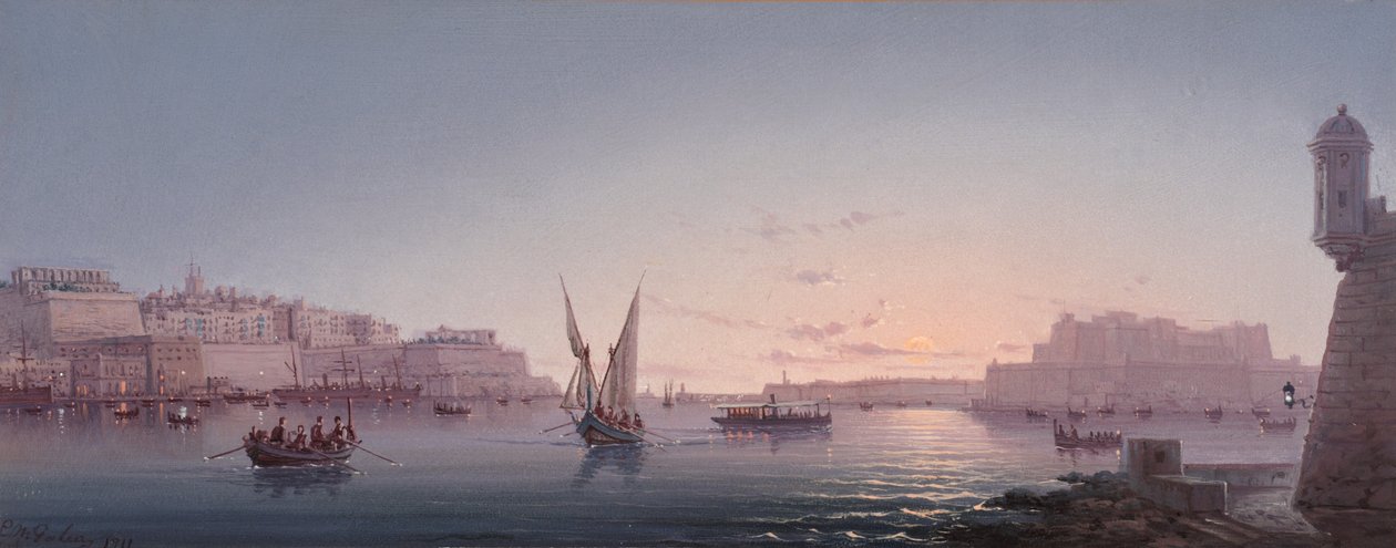 Grand Harbour, Malta, fra Corrodino, 1911 af Luigi Maria Galea