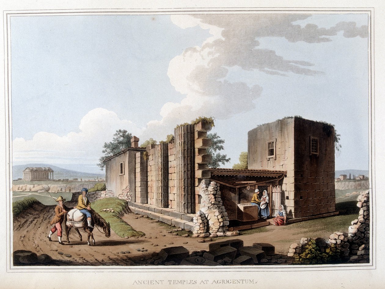 Gammelt tempel i Agrigento i Italien. i "" Udsigter i det osmanniske herredømme, i Europa, i Asien og nogle af middelhavsøerne"" fra de originale tegninger taget af Luigi Mayer, London af Luigi Mayer