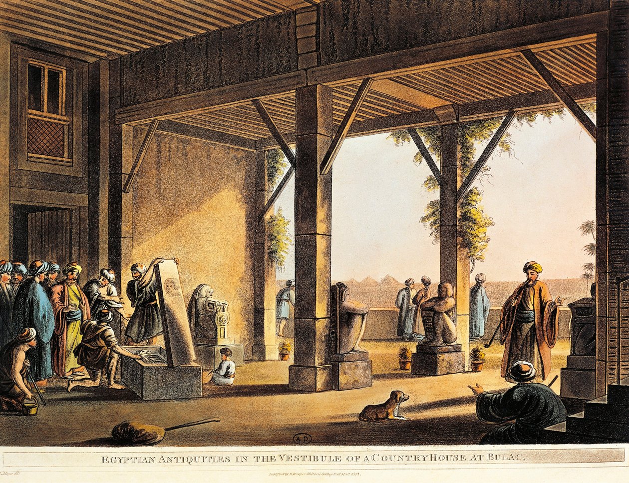 Egyptiske antikviteter i gården til et Boulaq-hus fra Views in Egypt af Luigi Mayer, gravering af Luigi Mayer