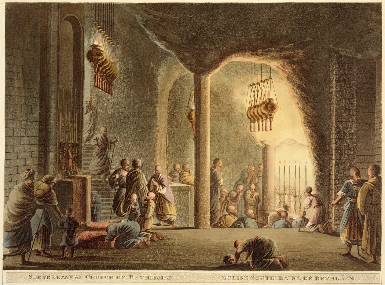 Underjordisk kirke i Betlehem, fra "Views of Palestine", Vol.II, udgivet af R. Bowyer Historic Gallery, London, 1803 (farvet akvaratint) af Luigi Mayer
