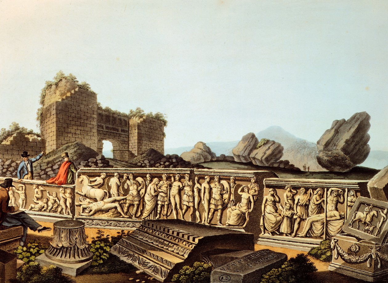 Tyrkiet, Efesos, europæiske besøgende ser på marmorrelieffer, af Luigi Mayer, Gravure af Luigi Mayer