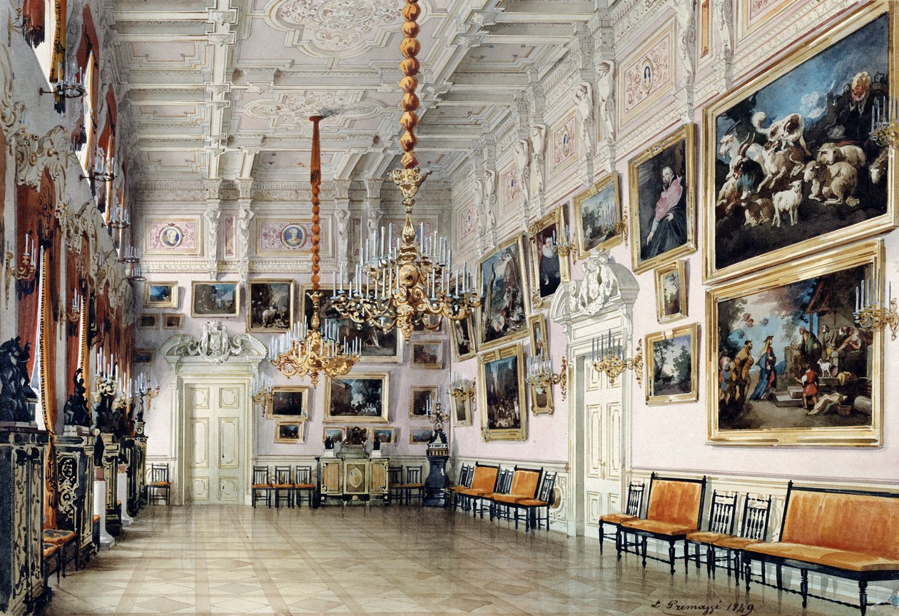 Dansesalen i Grev Bezborodkos hus, Skt. Petersborg, 1849 (pen, pensel, wc, blæk og hvid farve på papir, 1849 (pen, pensel, wc, blæk og hvid farve på papir) af Luigi Premazzi