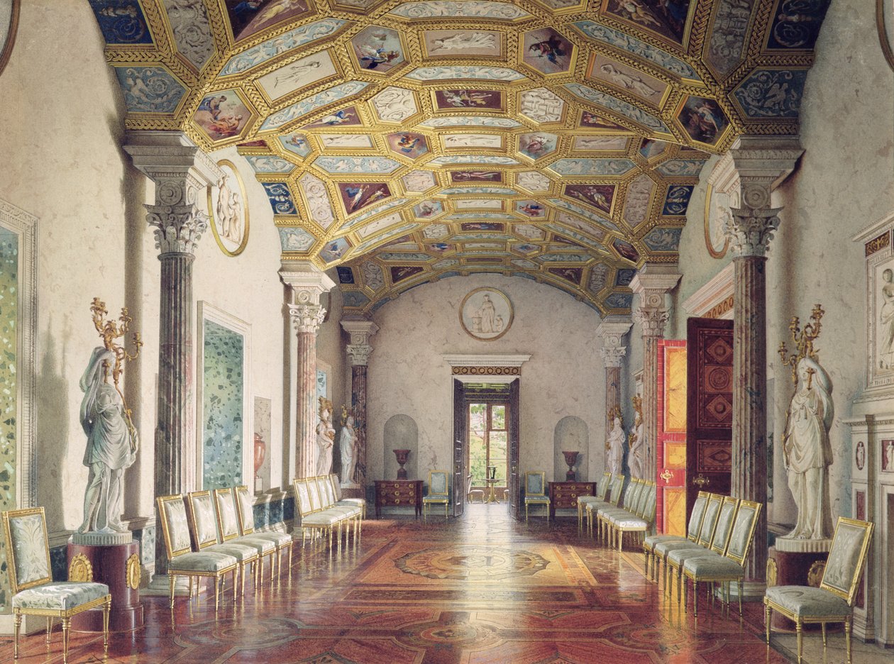 The Great Agate Hall i Catherine Palace i Tsarskoye Selo, 1859 (wc og hvid farve på papir) af Luigi Premazzi