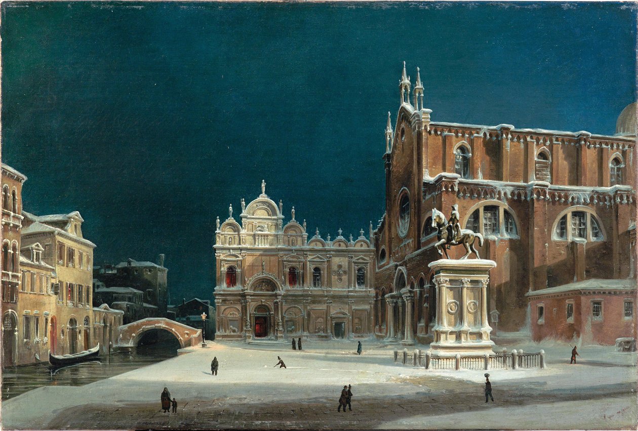 En natlig udsigt over Campo dei Santi Giovanni e Paolo, 1850. af Luigi Querena