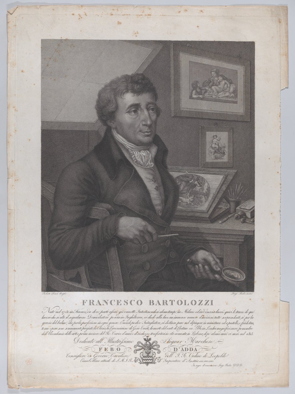 Portræt af Francesco Bartolozzi, siddende, med et forstørrelsesglas med trykværktøj..., 1827 af Luigi Rados