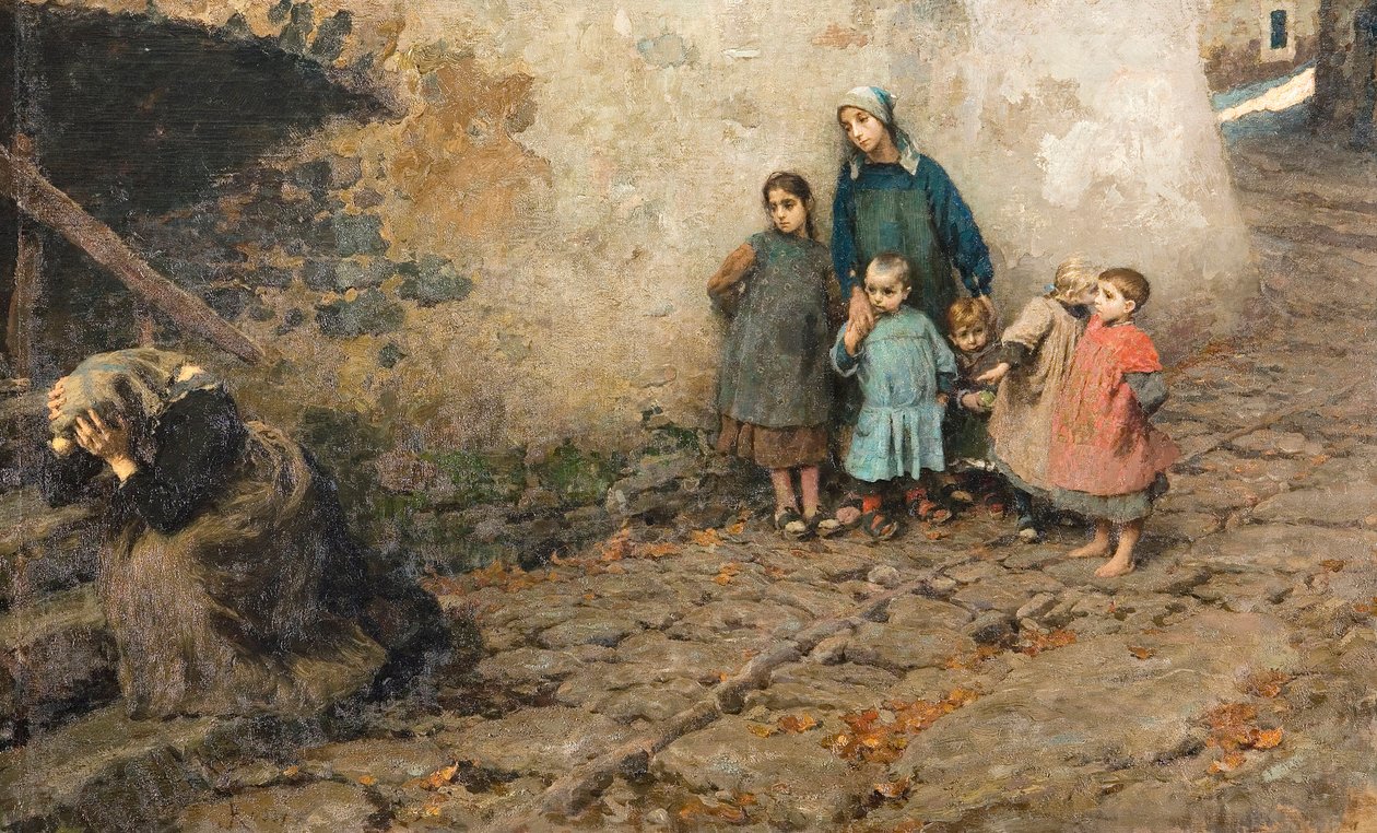 Smertens skole Børn, der ser deres mor græde Maleri af Luigi Rossi (1853-1923) 1895 Privat samling af Luigi Rossi