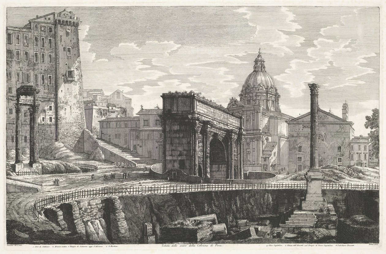 De Zuil van Phocas på het Forum Romanum Veduta dello scavo della Colonna di Foca (titel på objekt) af Luigi Rossini