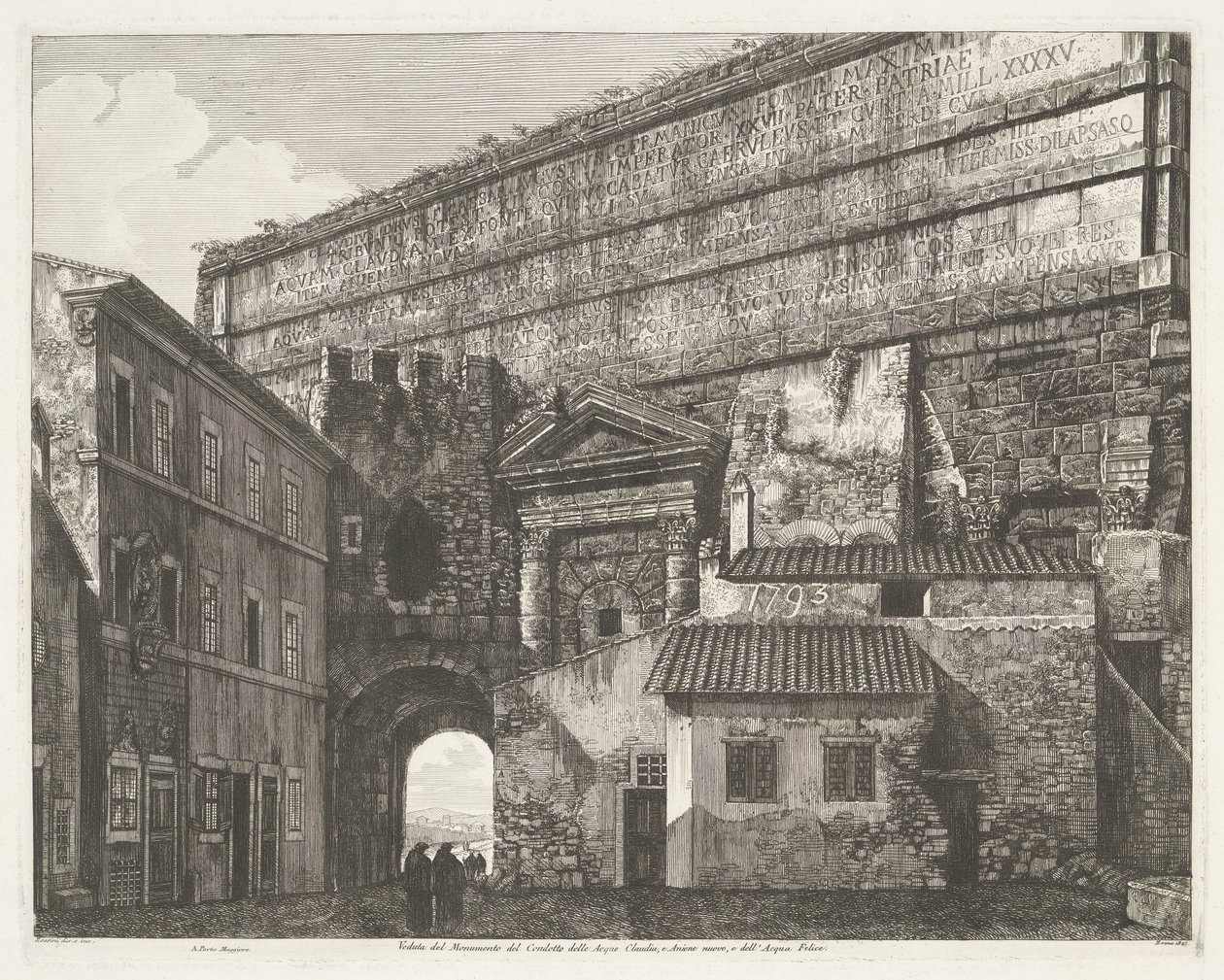 Porta Maggiore i Rom Udsigt over monumentet Condotto delle Acque Claudia og Anione Nuovo og Acqua Felice (titel på objektet) af Luigi Rossini