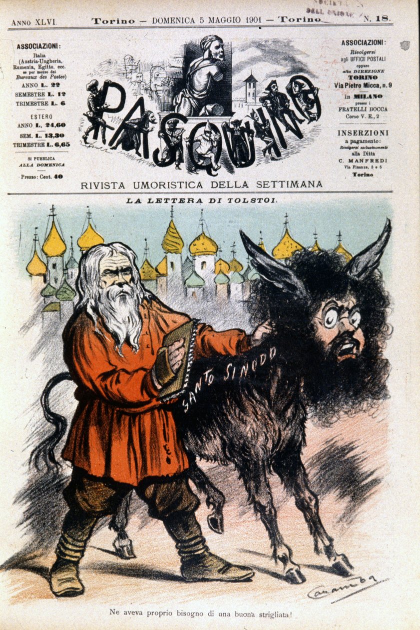 Tegneserie om Tolstoj af Luigi Sapelli Caramba (1865-1936) om det brev, Tolstoj sendte til Den Hellige Stol. Forside af Pasquino af 05/05/1901. af Luigi Sapelli Caramba