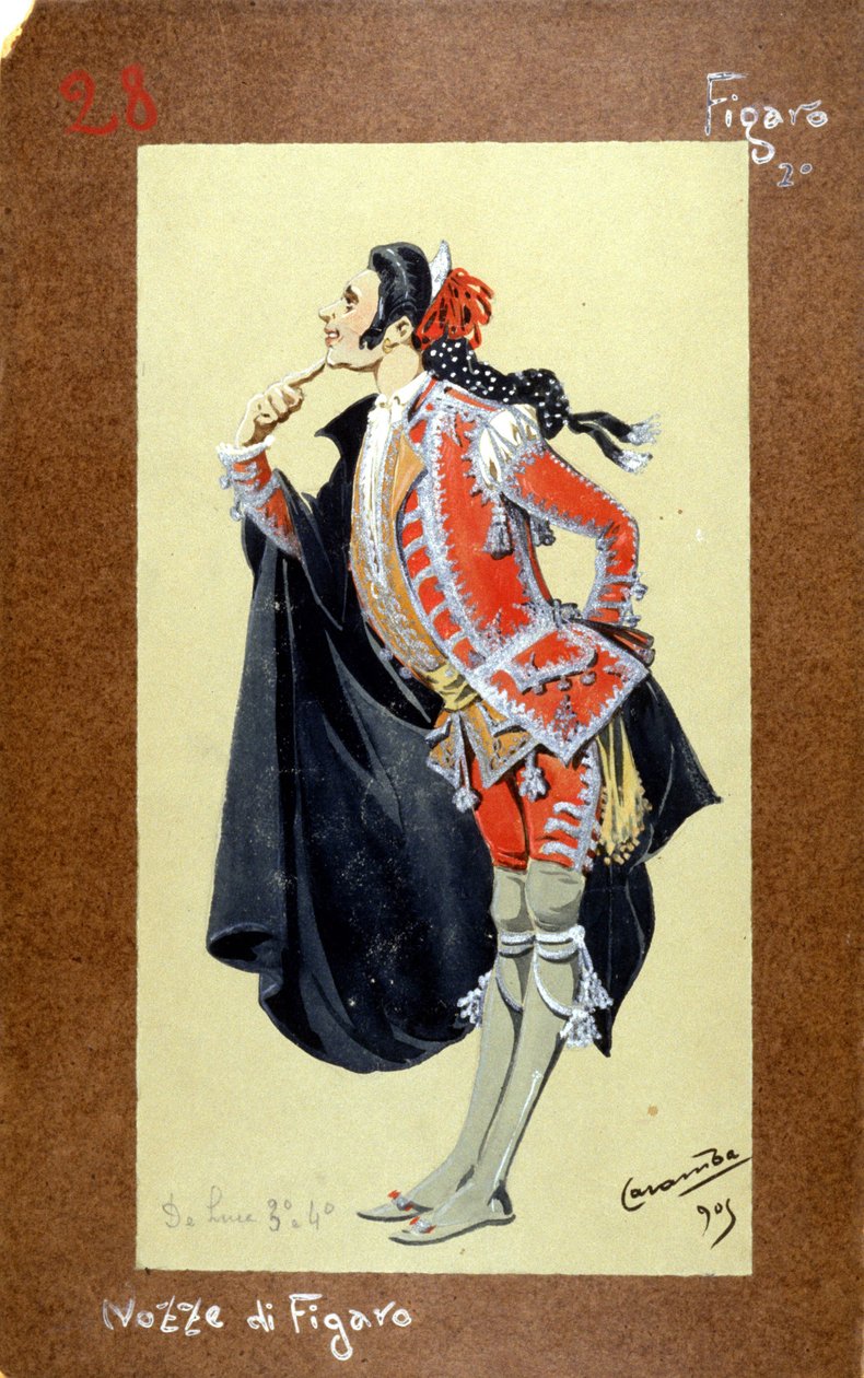 Repræsentation af figuren Figaro, "Figaros bryllup" af Wolfgang Amadeus Mozart fra 1786. Kostume af Luigi Sapelli Caramba (1865-1936) af Luigi Sapelli Caramba