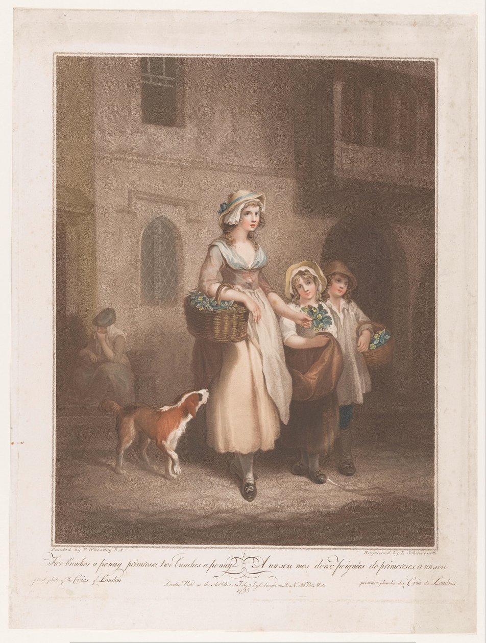 blomstersælger To bundter en øre primulaer (titel på objekt) Street Cries of London (serietitel) Cries of London (serietitel) af Luigi Schiavonetti