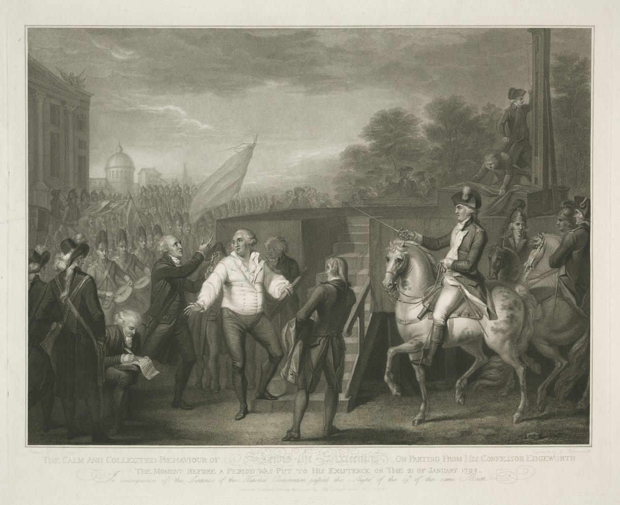 Lodewijk XVI ved det schavot Lewis den Sekstendes rolige og overbeviste opførsel ved afsked med sin skriftefader Edgeworth / øjeblikket før en periode blev sat til hans eksistens den 21. januar 1793 (titel på objekt) af Luigi Schiavonetti