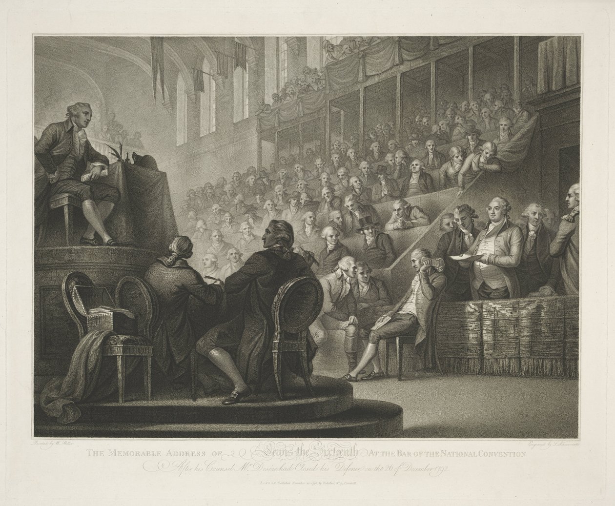 Toespraak van Lodewijk XVI Lewis den sekstendes mindeværdige adresse i baren ved National Convention (titel på objekt) af Luigi Schiavonetti