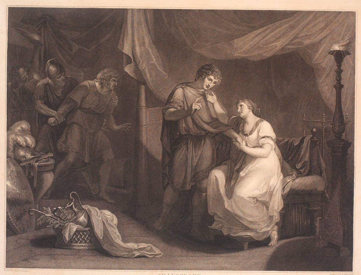 Troilus overrasker Cressida og Diomedes. Fra William Shakespeares "Troilus and Cresida", 5. akt, scene 2 af Luigi Schiavonetti