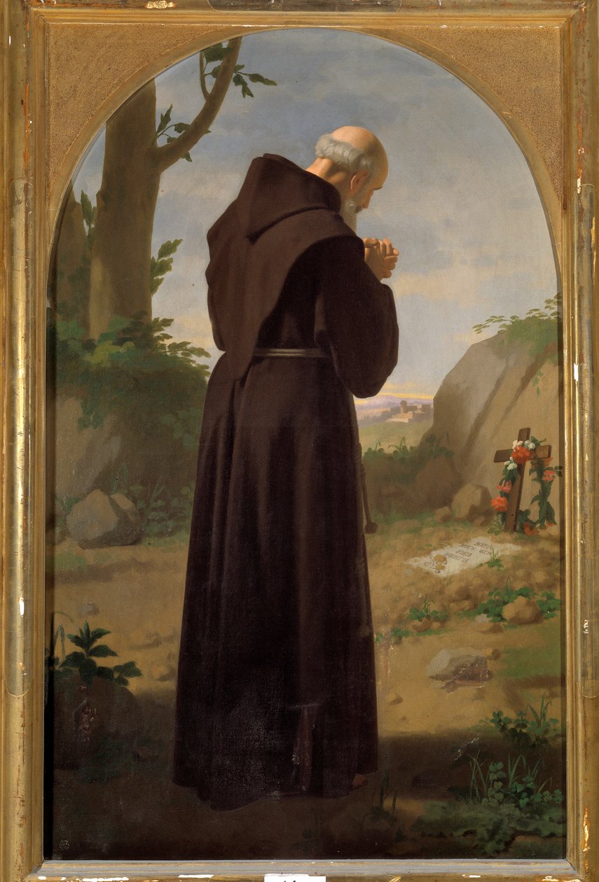 Munk beder foran en grav (olie på lærred af Luigi Sciallero