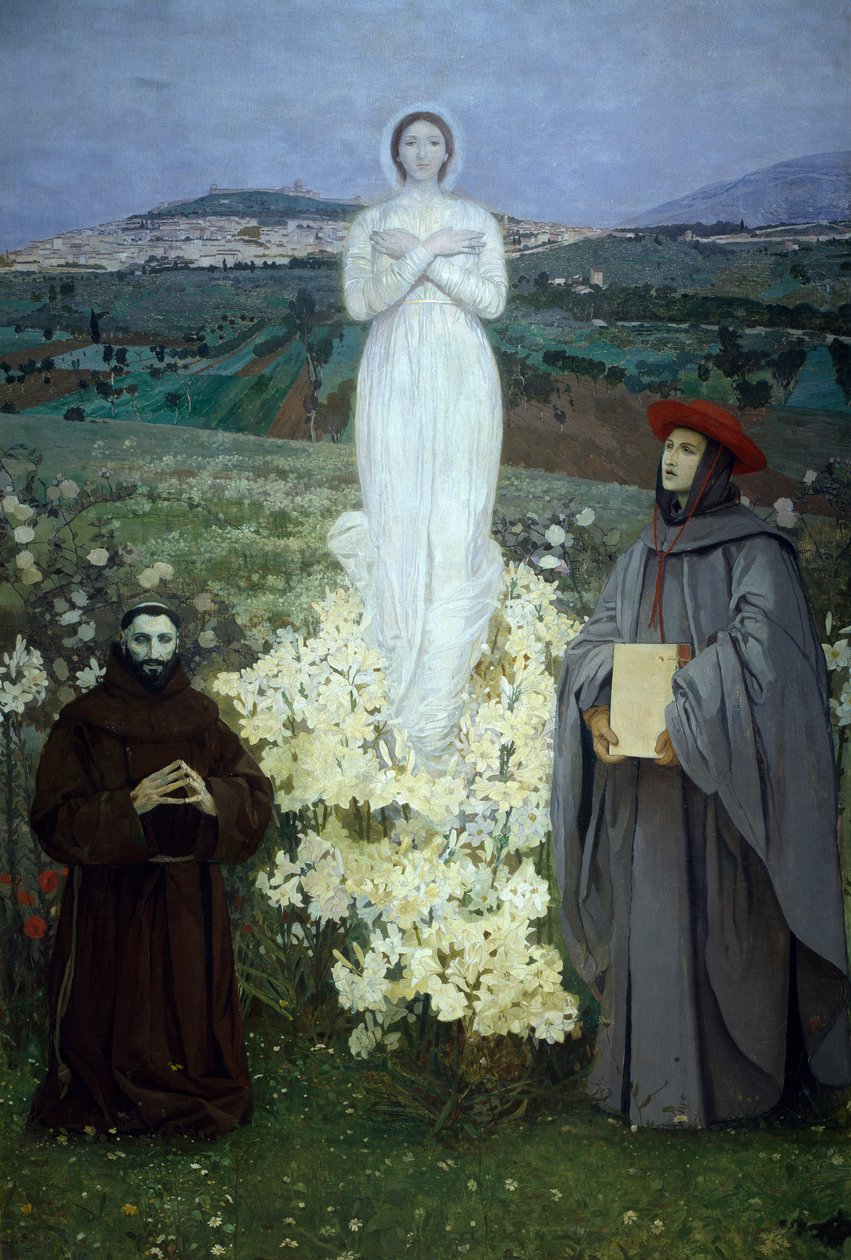Jomfruens åbenbaring for den hellige Frans af Assisi og Bonaventure, af Luigi Serra (1846-1888). af Luigi Serra