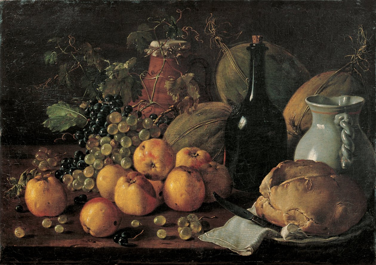 Stilleben med æbler, druer, meloner, brød, kande og flaske af Luis Menendez or Melendez