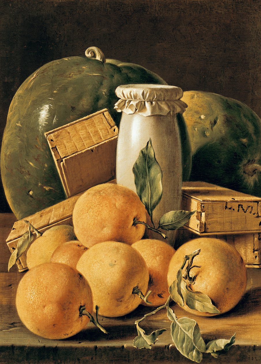 Stilleben med appelsiner, vandmelon, en gryde og kasser med kage af Luis Egidio Melendez