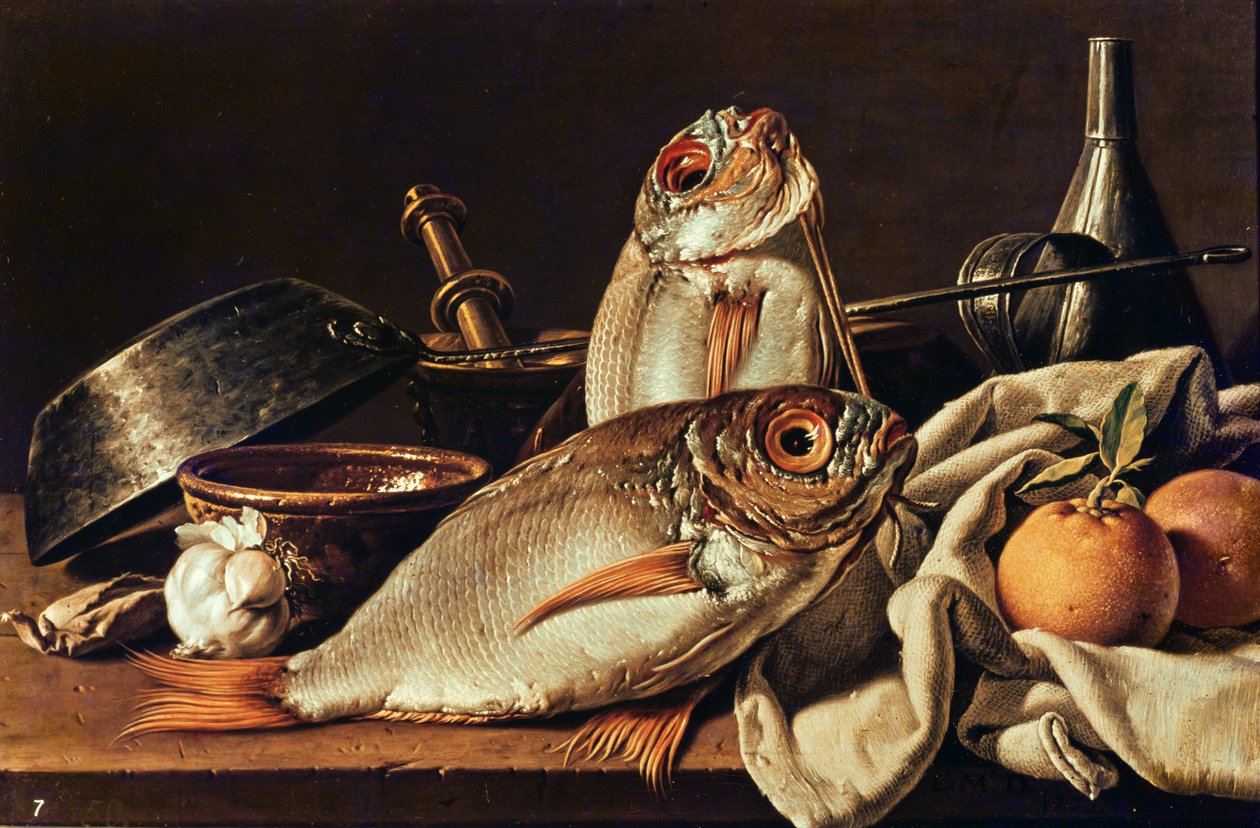 Stilleben af fisk, appelsiner og hvidløg af Luis Egidio Melendez