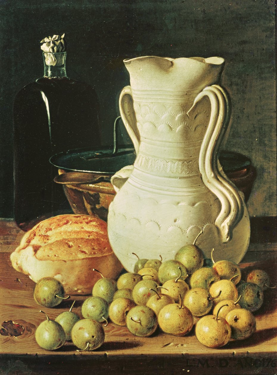 Stilleben med brød, greengages og kande af Luis Egidio Melendez