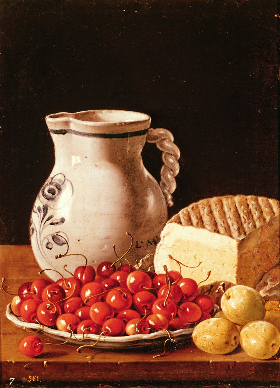 Stilleben med kirsebær, ost og greengages af Luis Egidio Melendez