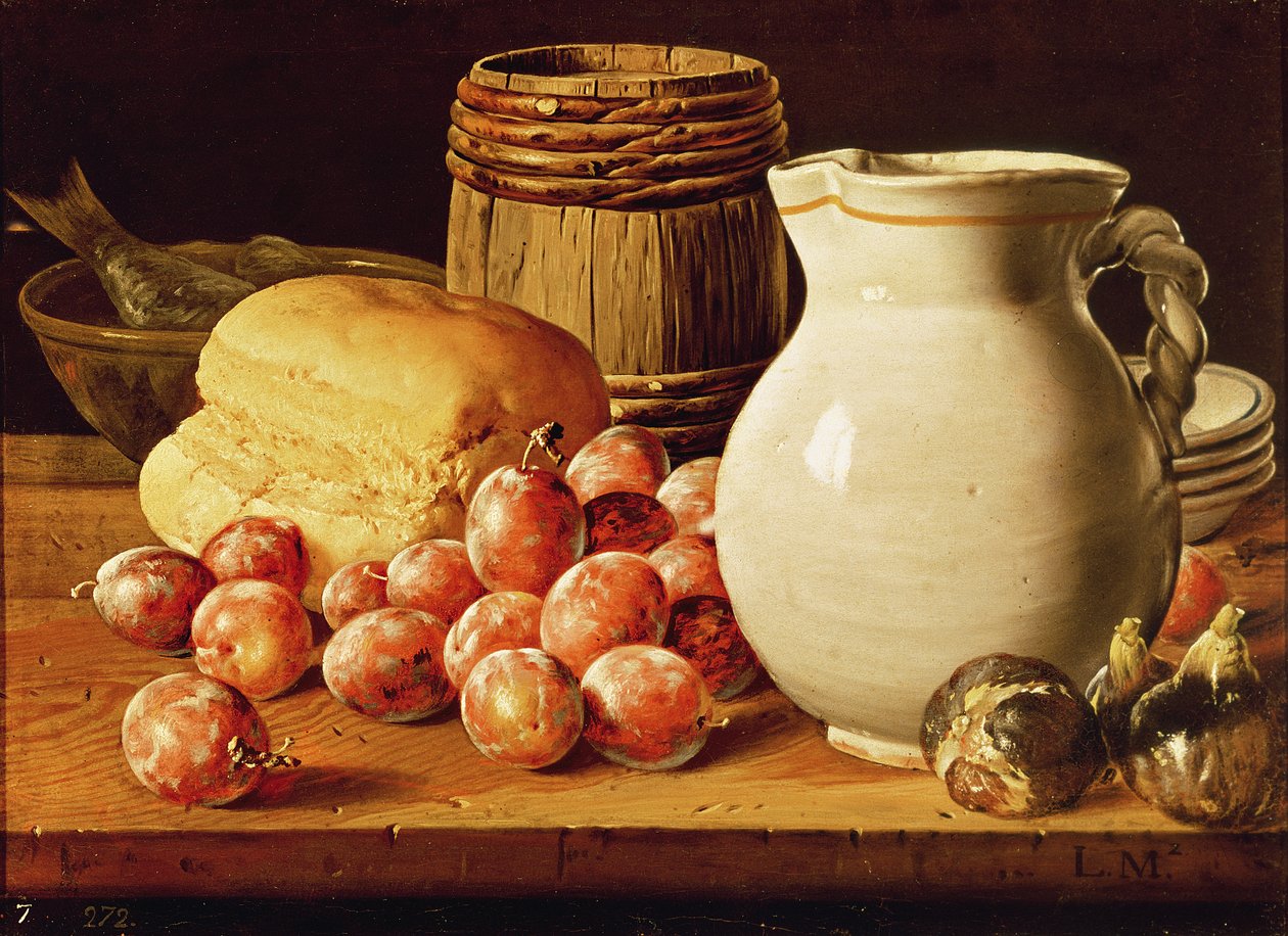 Stilleben med blommer, figner, brød og fisk af Luis Egidio Melendez