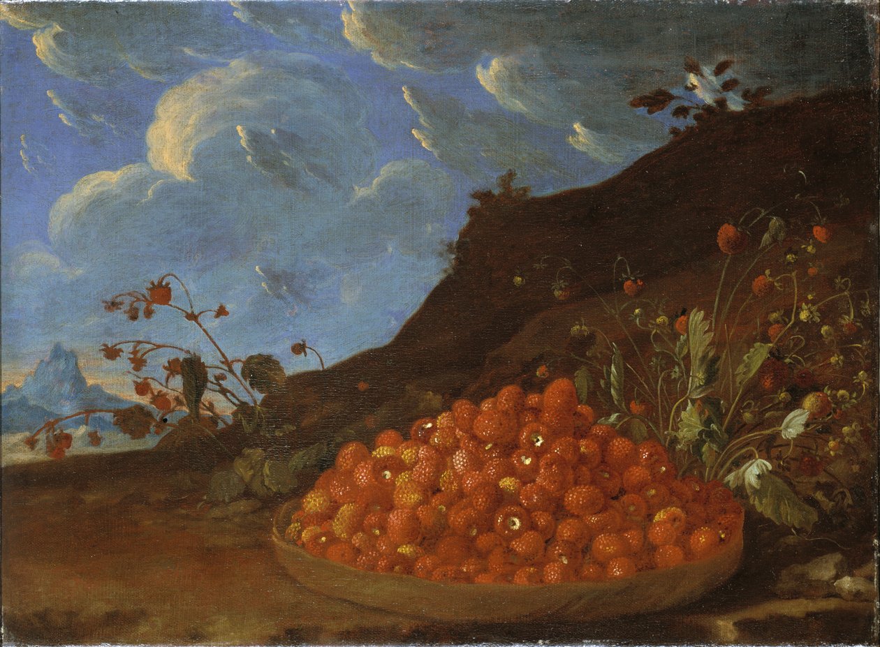 Kurv med vilde jordbær i et landskab, ca. 1770 af Luis Menendez or Melendez
