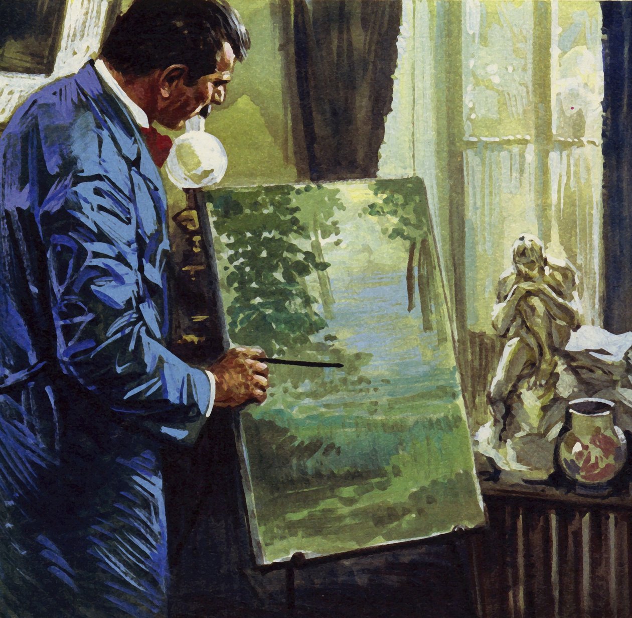 Inspireret af impressionisterne blev Gauguin amatørmaler (farvelitografi) af Luis Arcas Brauner