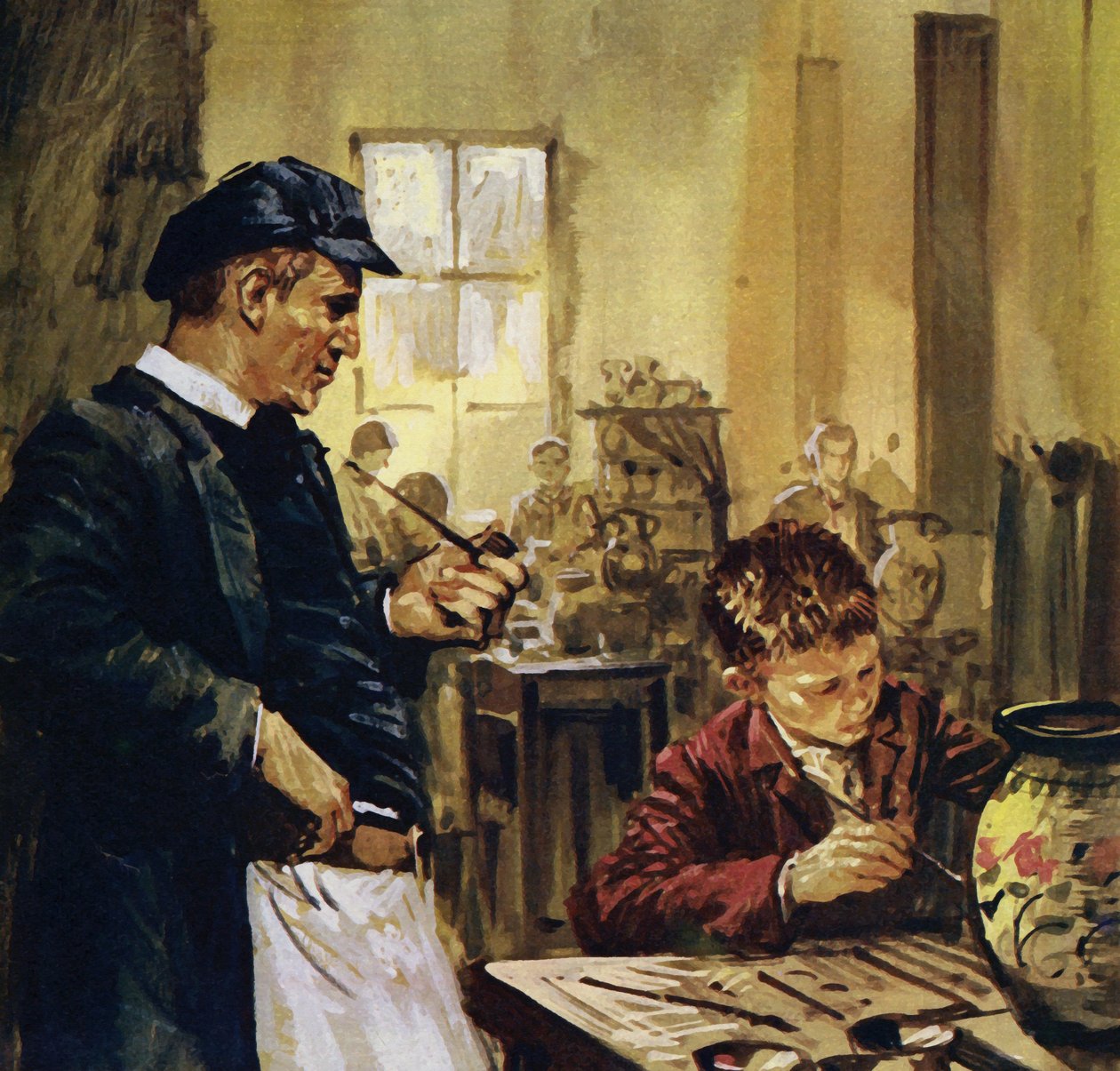 Pierre Auguste Renoir arbejdede som barn på en porcelænsfabrik (farvelitografi) af Luis Arcas Brauner
