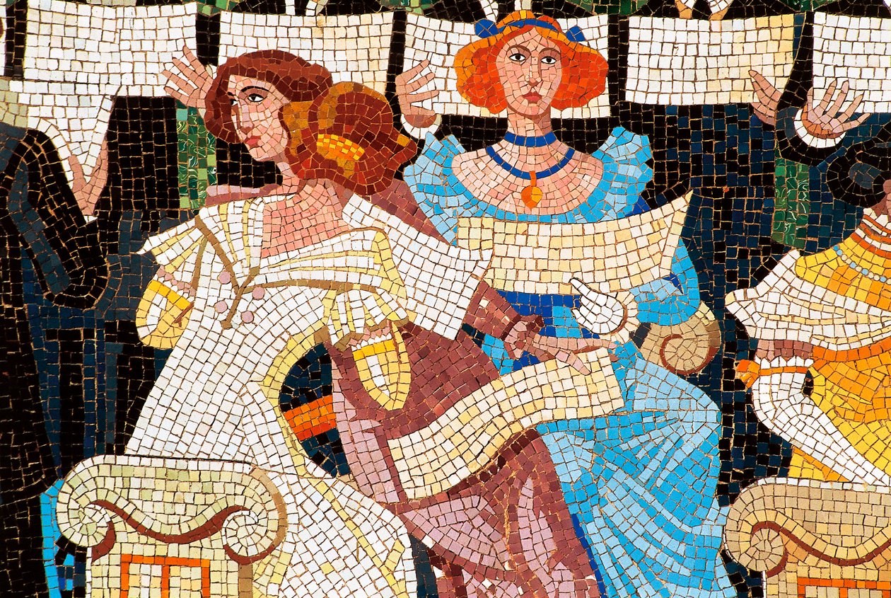 Art Nouveau-arkitektur: Palace of Catalan Music, Barcelona. Mosaik, der dekorerer facaden: kvinde synger i det catalanske kor (Orfeo Catala), detalje til venstre. af Luis Domenech i Montaner (1850-1923) og Lluis Bru I Salelles (1868-1952), 1905-19 af Luis & Bru i Salelles Luis (1868 1952) Domenech i Montaner