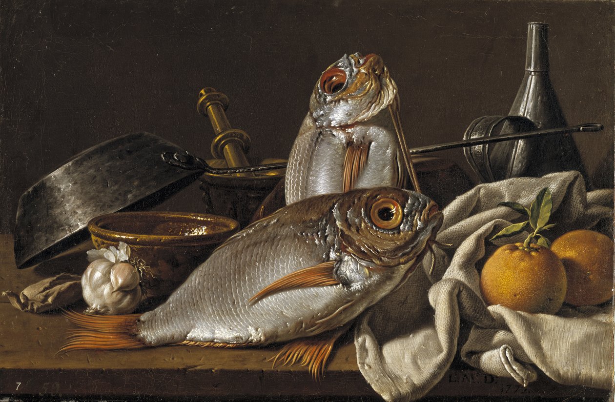 Stilleben med brasen, appelsiner, hvidløg og køkkenredskaber, 1772 af Luis Egidio Melendez
