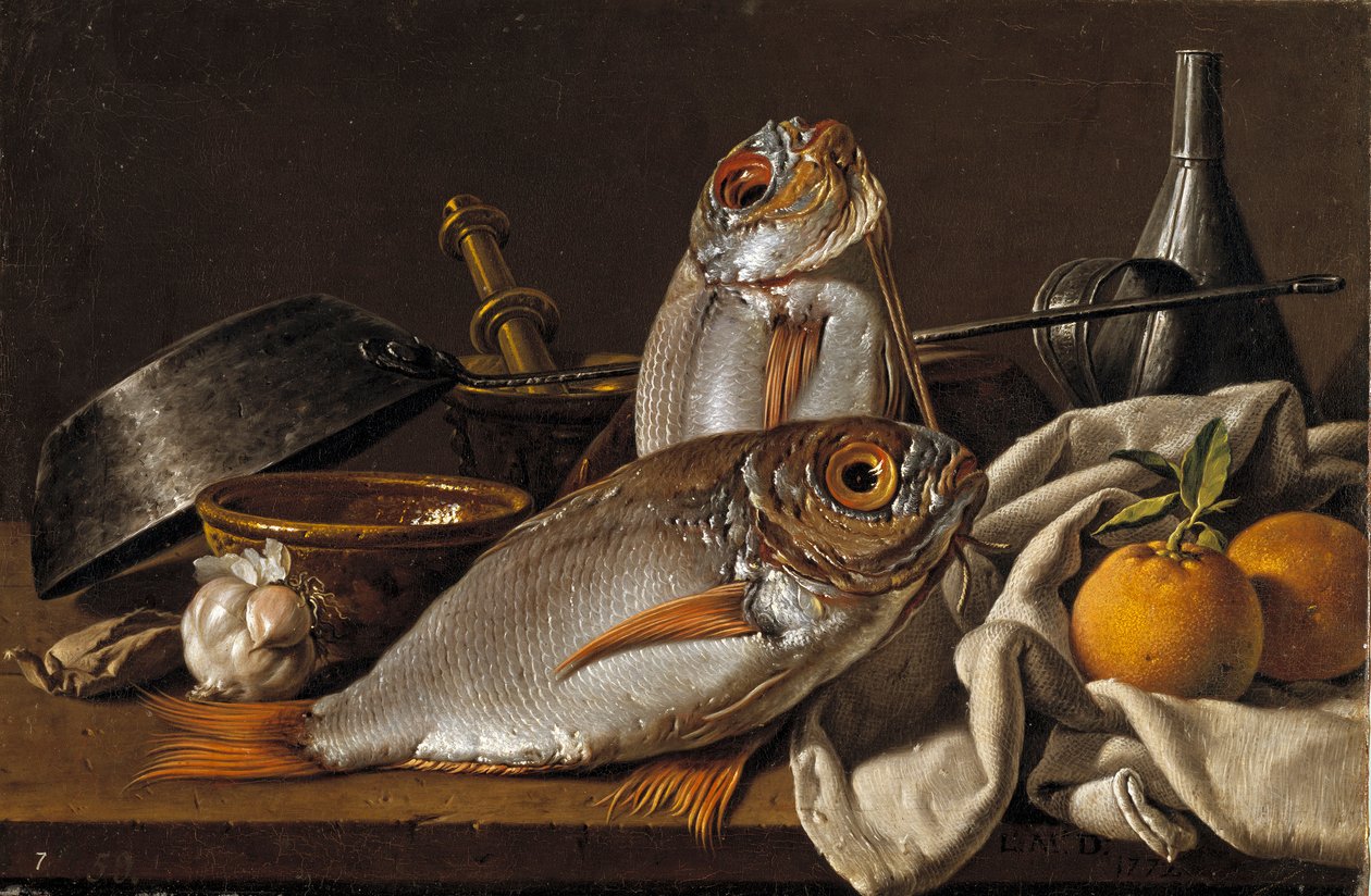 Stilleben med brasen, appelsiner, hvidløg og køkkenredskaber af Melendez, Luis Egidio (1716-1780) af Luis Egidio Melendez