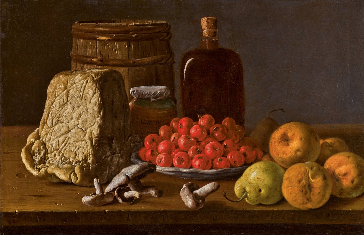 Stilleben med en tallerken med azaroler, frugt, svampe, ost og beholdere. af Luis Egidio Melendez