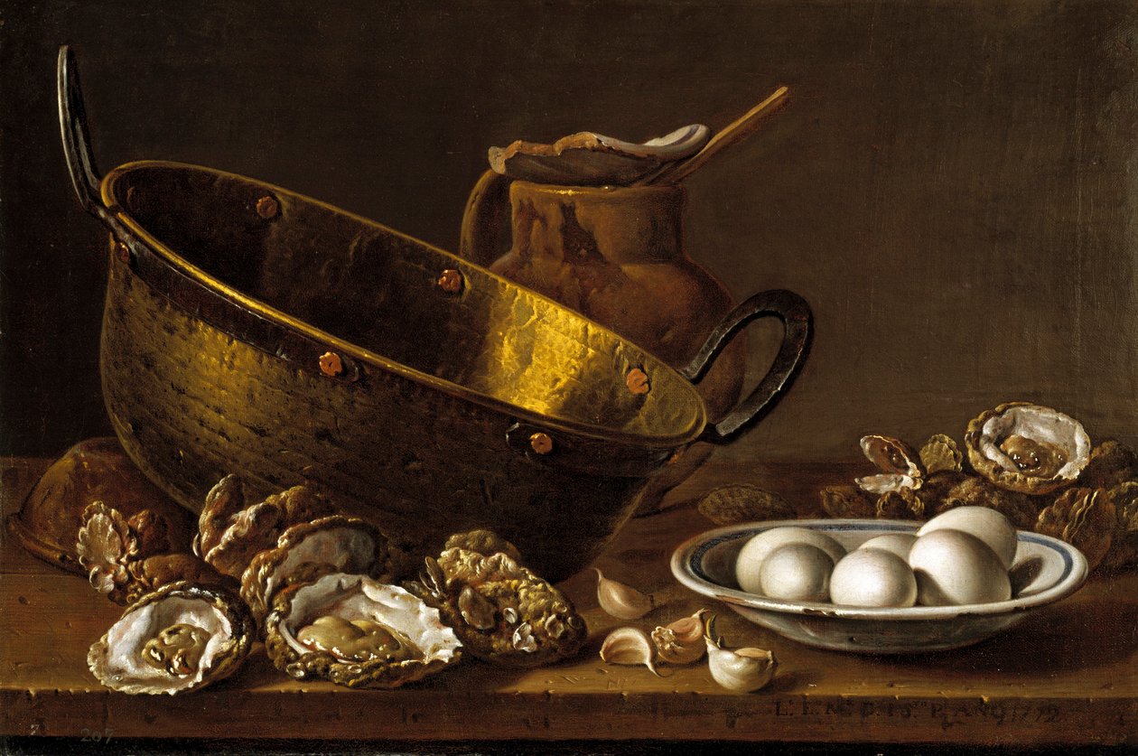 Stilleben med østers, hvidløg og æg af Melendez, Luis Egidio (1716-1780) af Luis Egidio Melendez