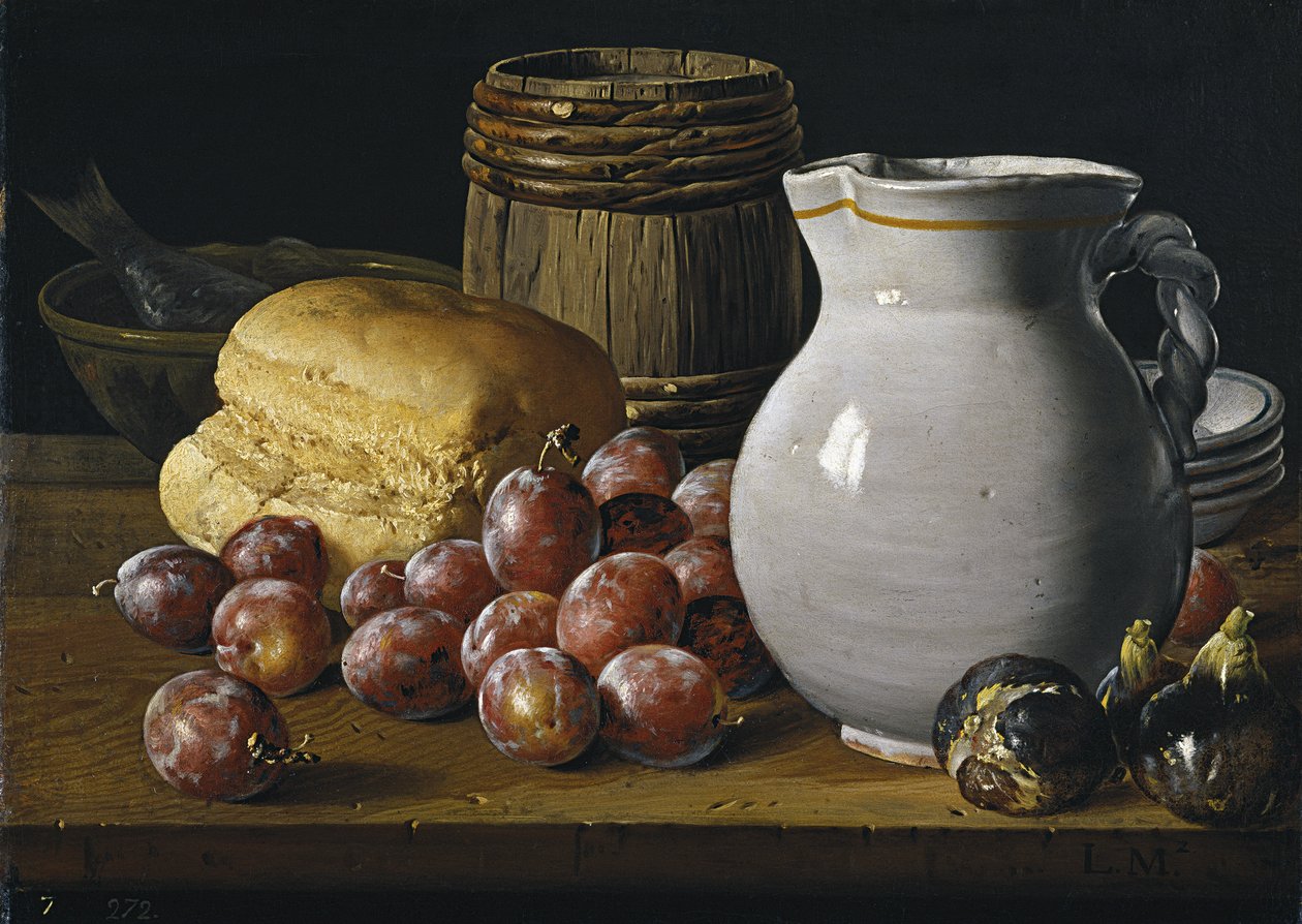 Stilleben med blommer, figner, brød og kande, Anden halvdel af 1700-tallet af Luis Egidio Melendez