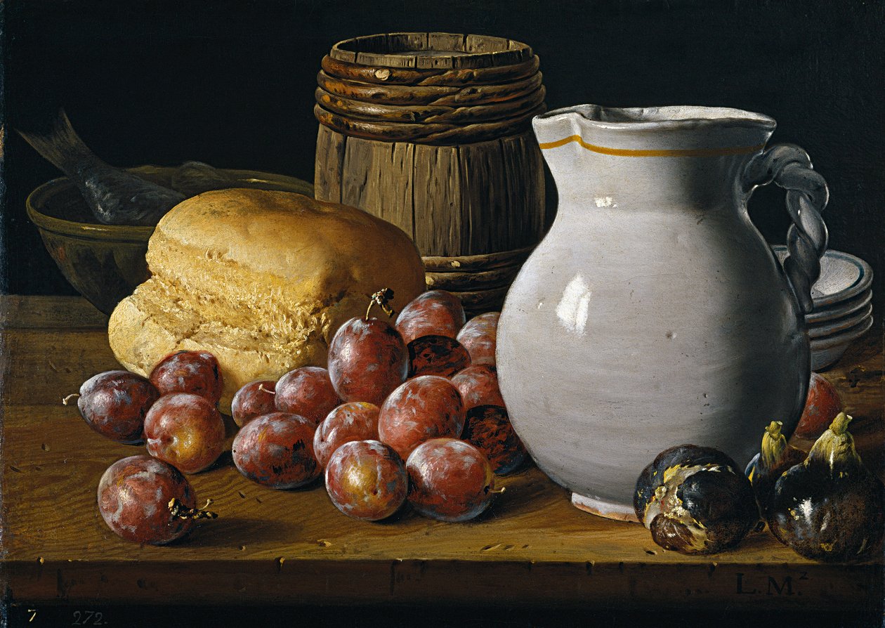 Stilleben med blommer, figner, brød og kande af Melendez, Luis Egidio (1716-1780), Anden halvdel af det 18. årh. - Olie på lærred, 35x48 - Museo del Prado, Madrid af Luis Egidio Melendez