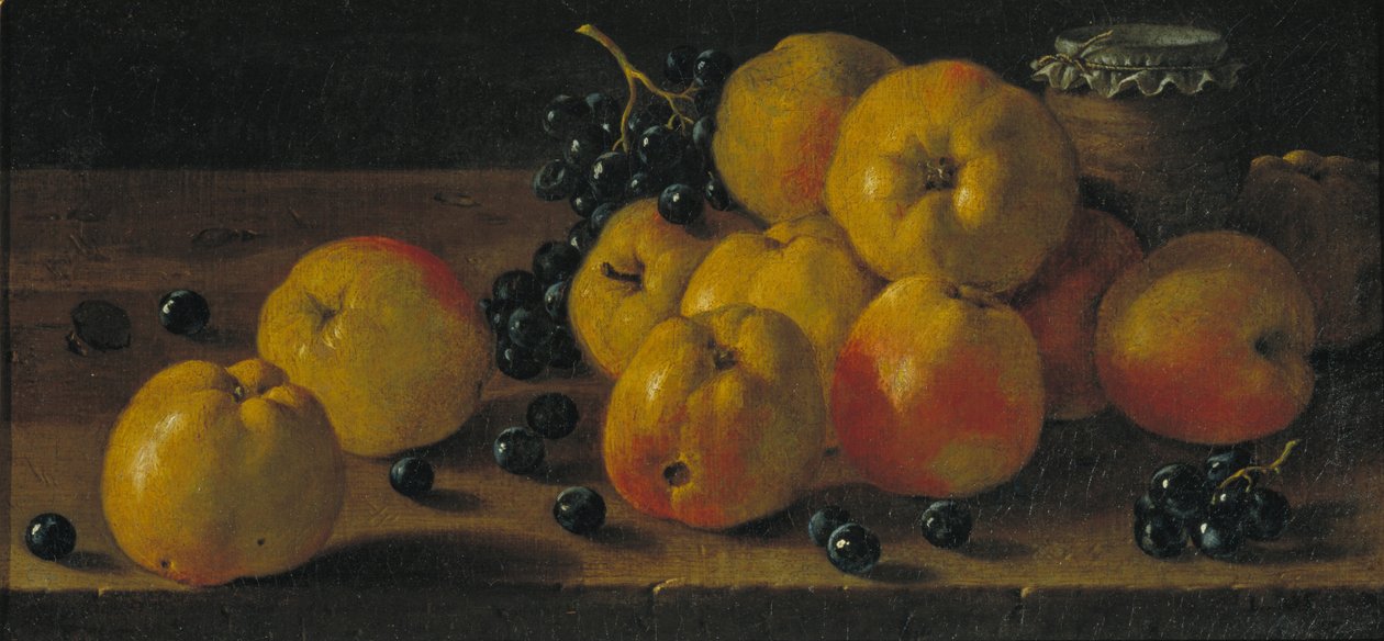 Stilleben med æbler, druer og en krukke marmelade af Luis Egidio Melendez