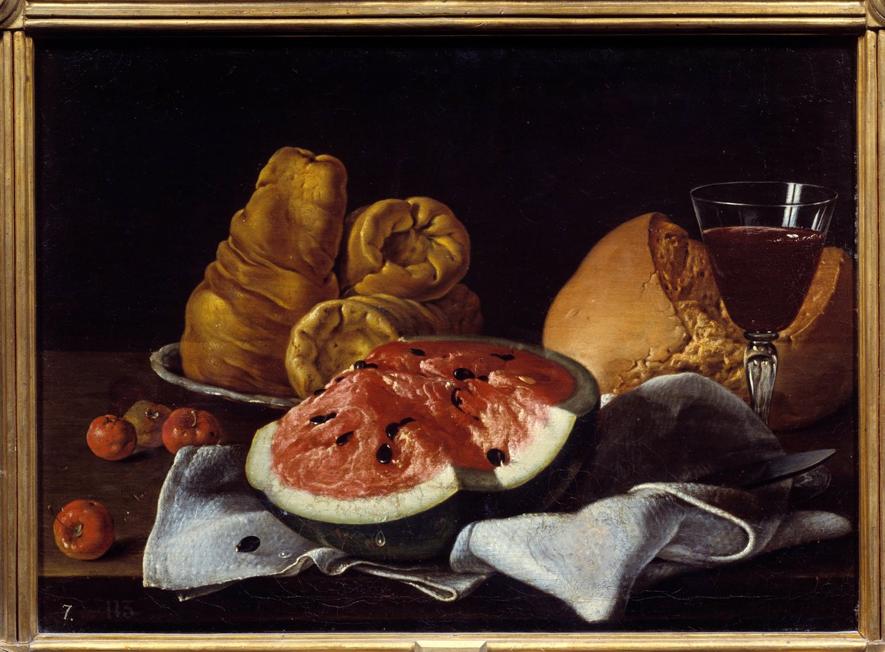 Pasteque, brød, kage og vinkop. Maleri af Luis Melendez (1716 - 1780), spansk skole af Luis Egidio Menendez or Melendez