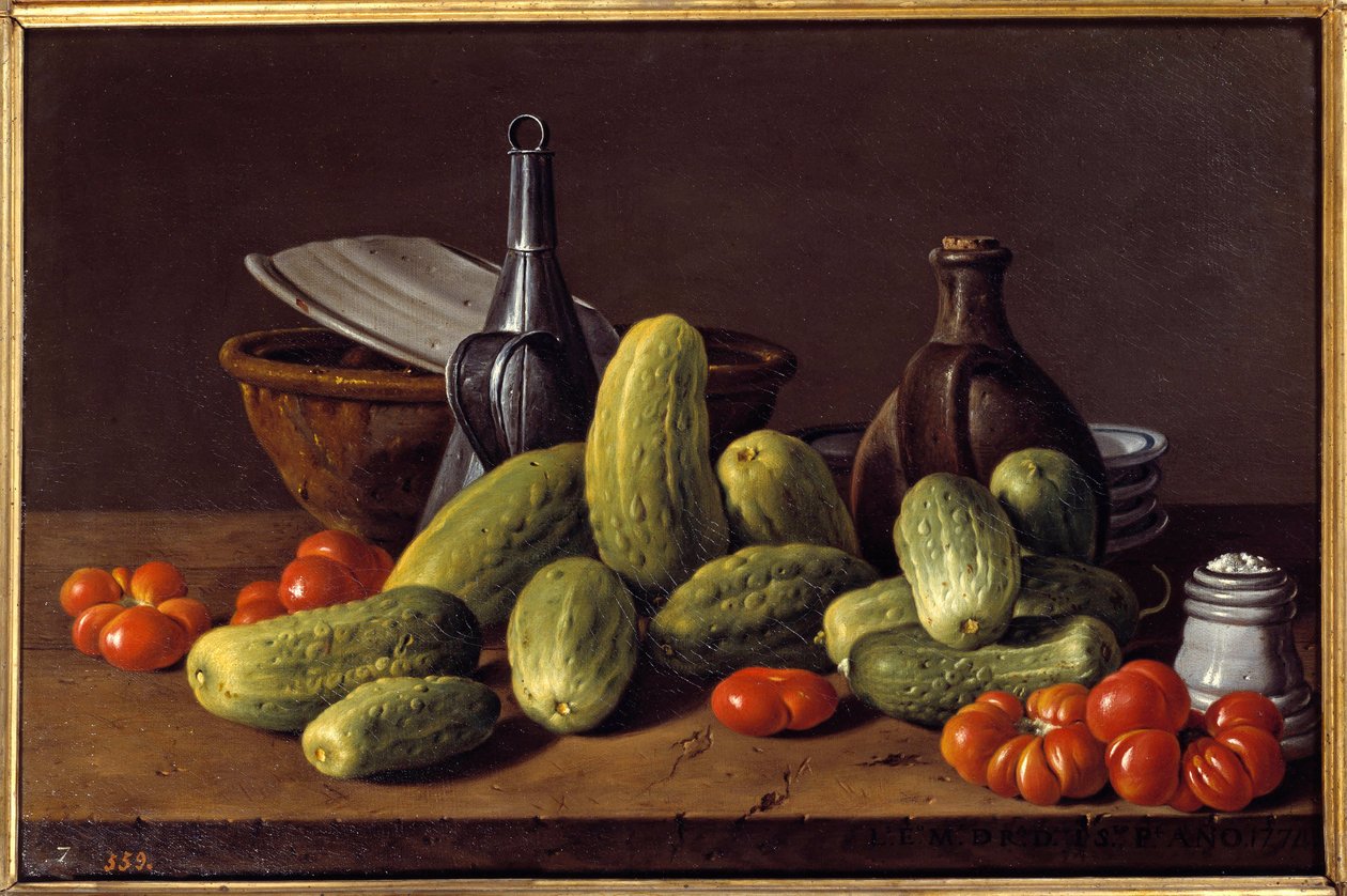 Stilleben: agurker, tomater og beholdere. Maleri af Luis Melendez (1716 - 1780) af Luis Egidio Menendez or Melendez