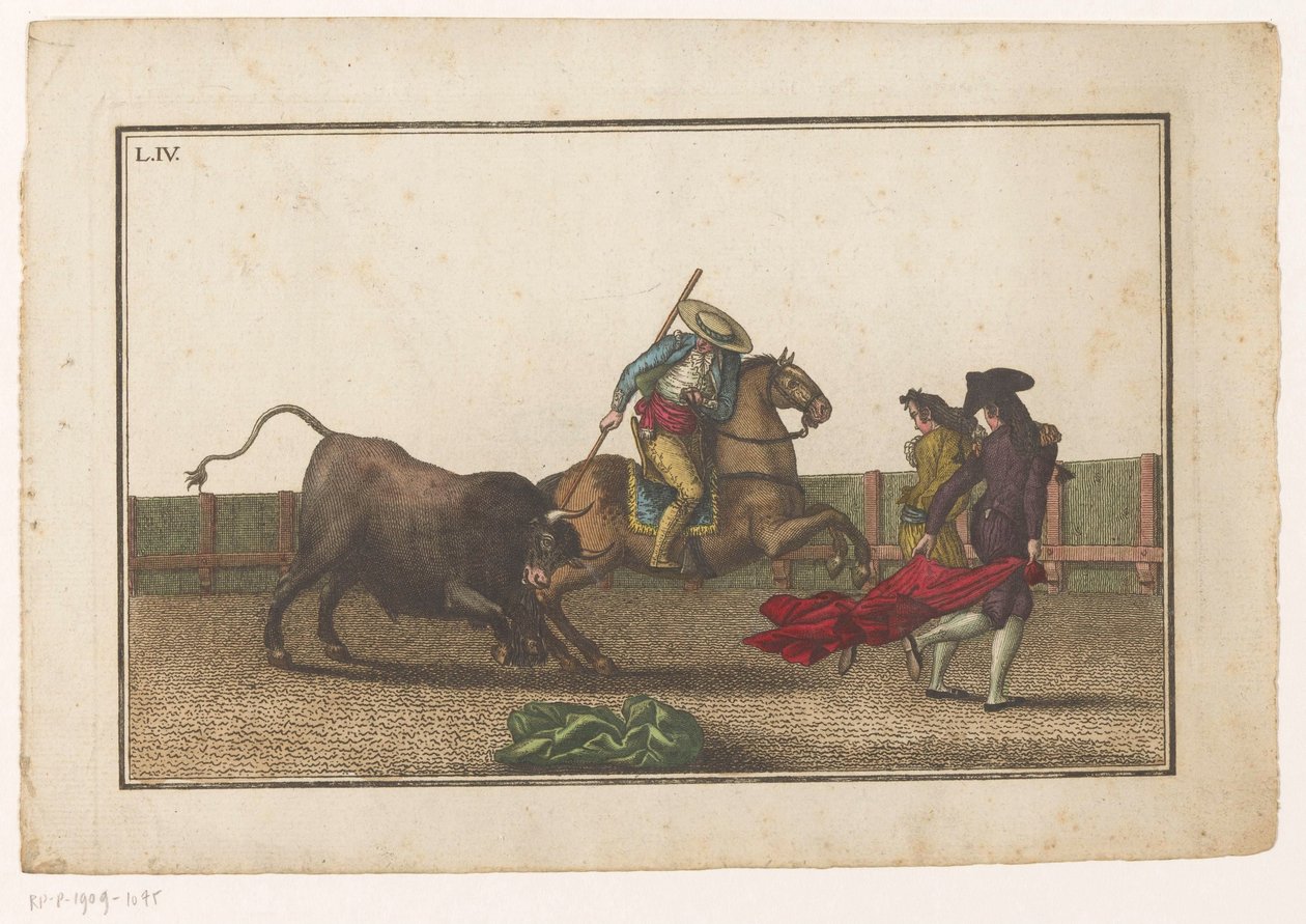 Picador stikker sin lanse ind i en tyr Coleccion de las principales suertes de una corrida de toros (serietitel) Samling af de vigtigste tyrefægtningsmanøvrer (serietitel) af Luis Fernandez Noseret