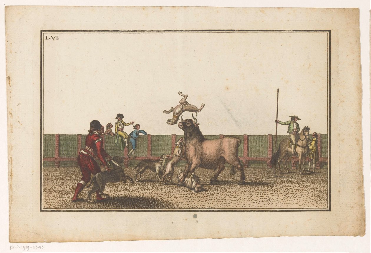 Tyr angrebet af hunde Coleccion de las principales suertes de una corrida de toros (serietitel) Samling af de vigtigste tyrefægtningsmanøvrer (serietitel) af Luis Fernandez Noseret