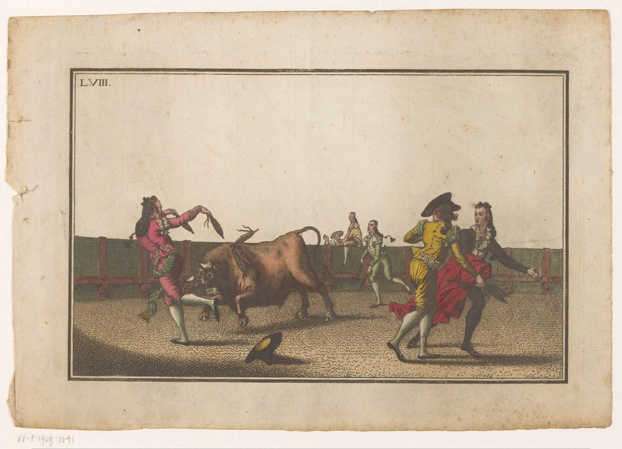 Tyren er udfordret med banderillas Coleccion de las principales suertes de una corrida de toros (serietitel) Samling af de vigtigste tyrefægtningsmanøvrer (serietitel) af Luis Fernandez Noseret