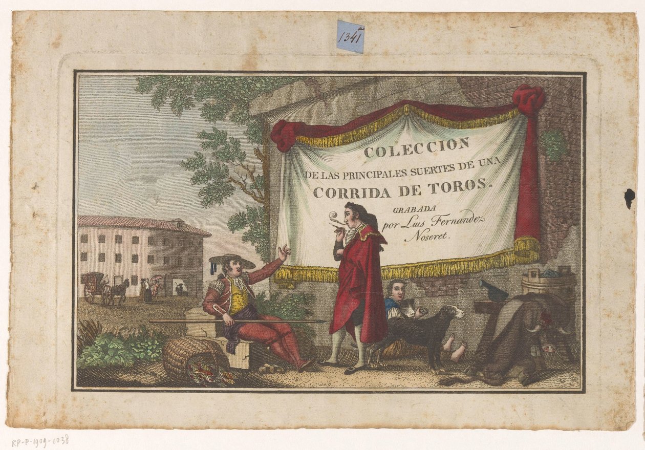 Titelprint med tyrefægtere og et tyreskind Coleccion de las principales suertes de una corrida de toros (serietitel på objekt) Samling af de vigtigste tyrefægtningsmanøvrer (serietitel) af Luis Fernandez Noseret