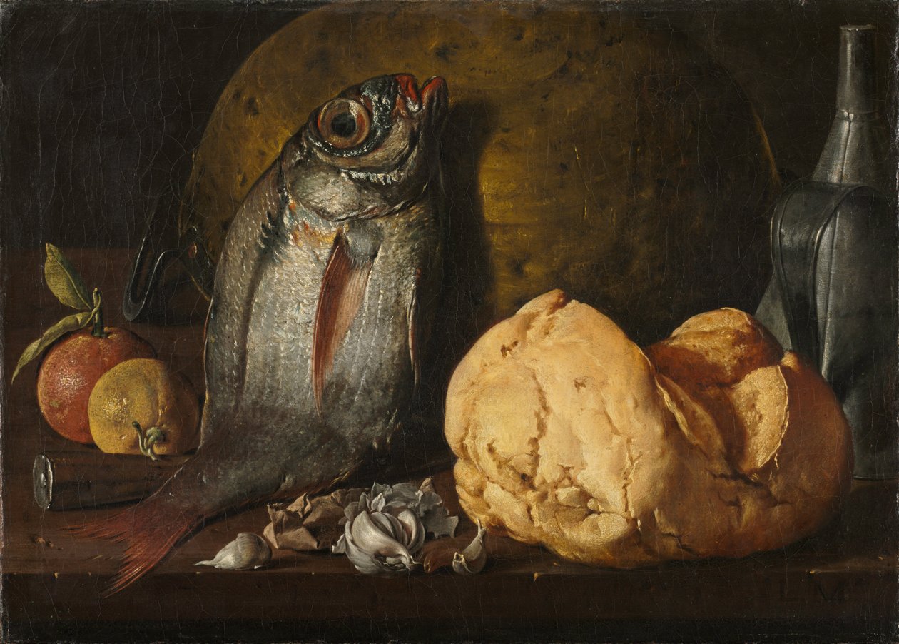 Stilleben med fisk, brød og kedel af Luis Meléndez