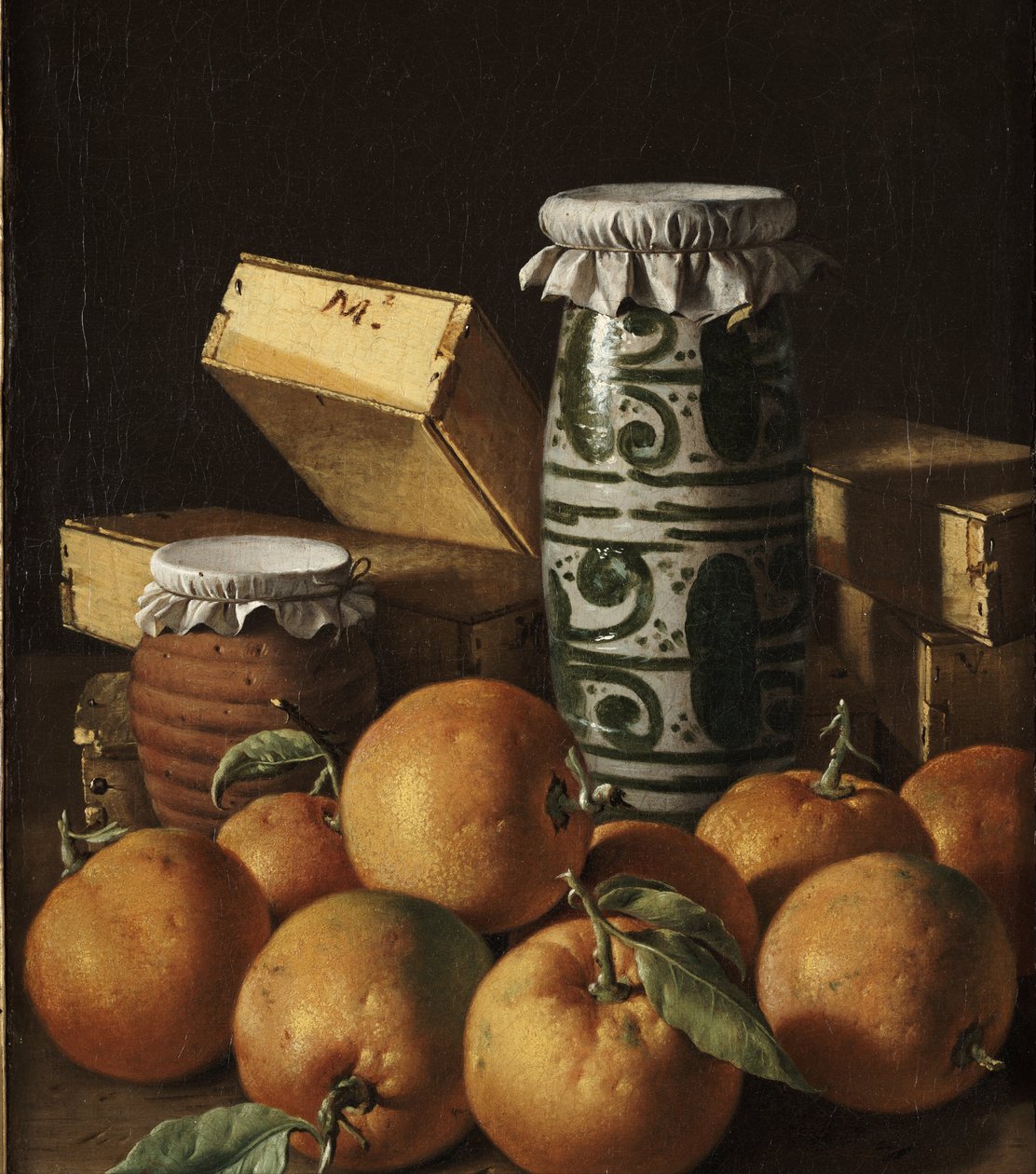 Stilleben med appelsiner, krukker og kasser med slik af Luis Egidio Melendez