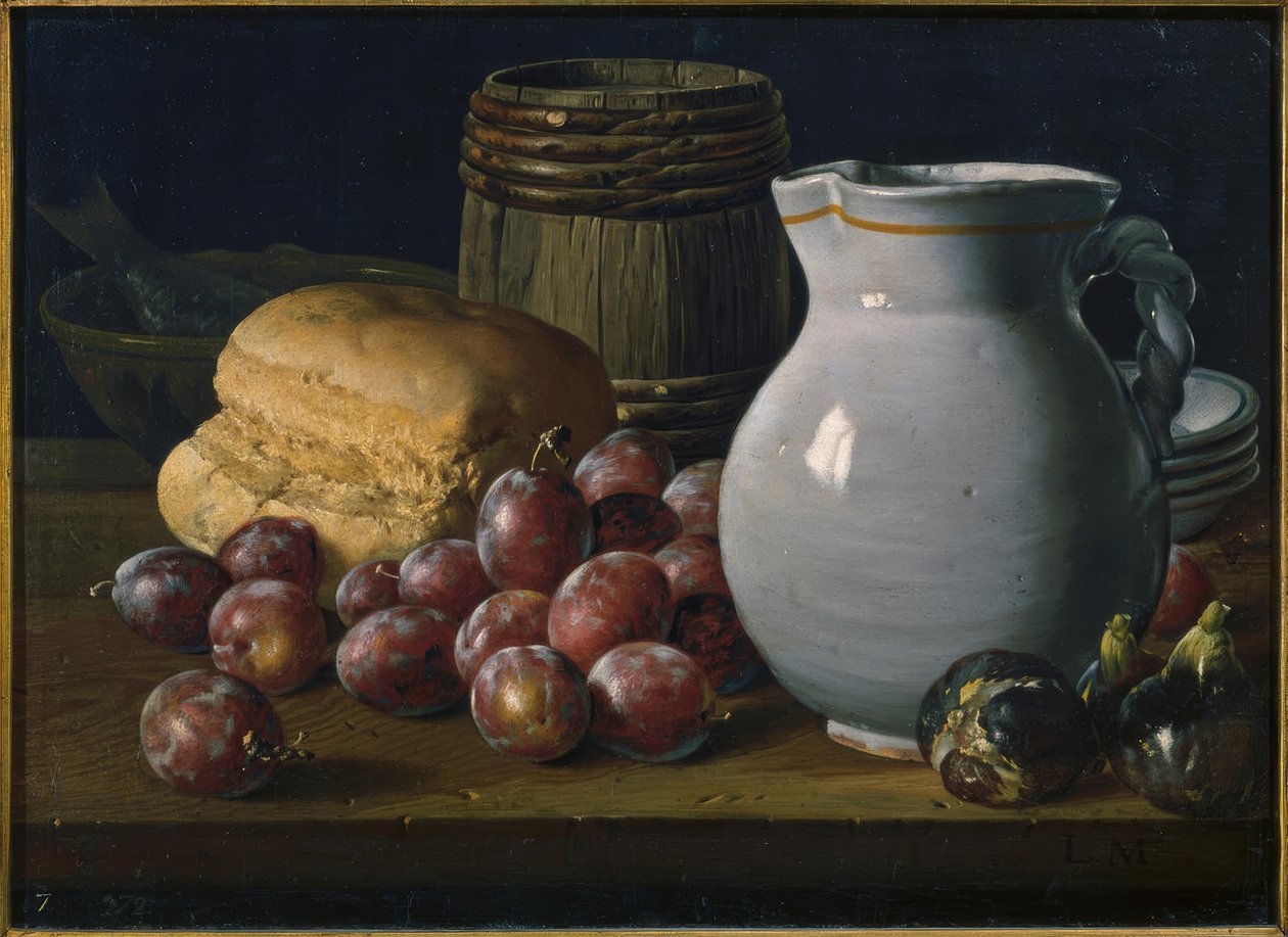 Stilleben med blommer, figner, brød, tønder, kande og andre kar af Luis Meléndez
