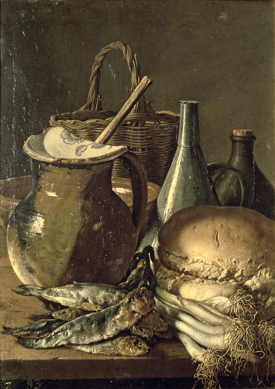 131-0058519/1 Stilleben med fisk, porrer og brød af Luis Menendez or Melendez