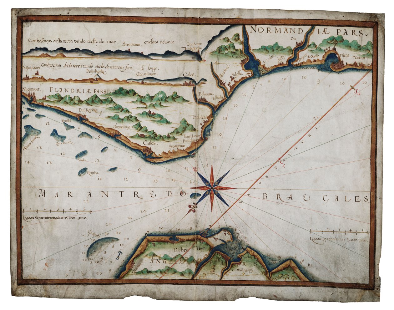Kort over Doverstrædet, ca. 1587-88 (akvarel på pergament) af Luis Teixeira
